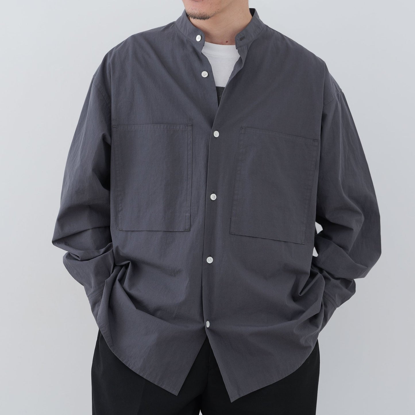 Grey Band-Collar Shirt