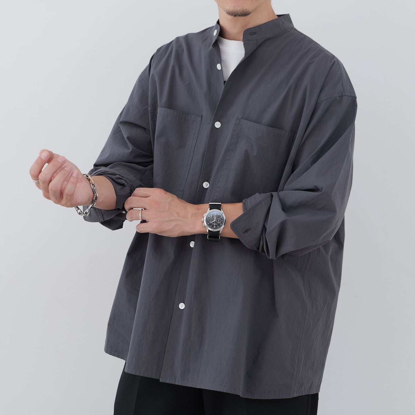 Grey Band-Collar Shirt