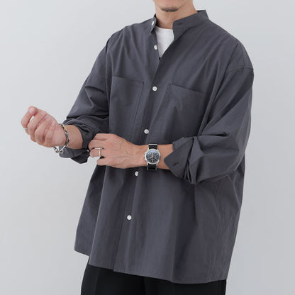Grey Band-Collar Shirt
